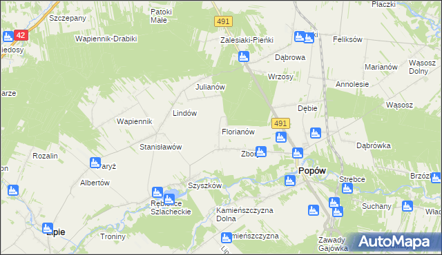 mapa Florianów gmina Popów, Florianów gmina Popów na mapie Targeo