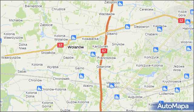 mapa Franciszków gmina Wolanów, Franciszków gmina Wolanów na mapie Targeo