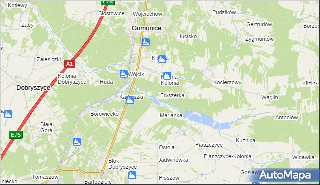 mapa Fryszerka gmina Gomunice, Fryszerka gmina Gomunice na mapie Targeo