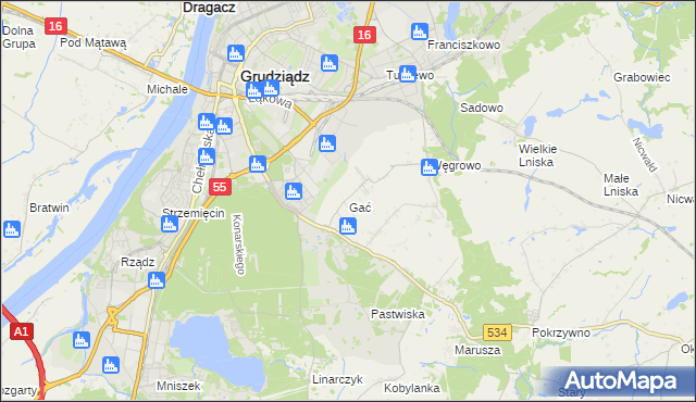 mapa Gać gmina Grudziądz, Gać gmina Grudziądz na mapie Targeo