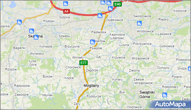 mapa Gaj gmina Mogilany, Gaj gmina Mogilany na mapie Targeo