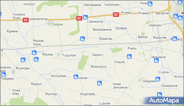 mapa Gąsiory gmina Chodów, Gąsiory gmina Chodów na mapie Targeo