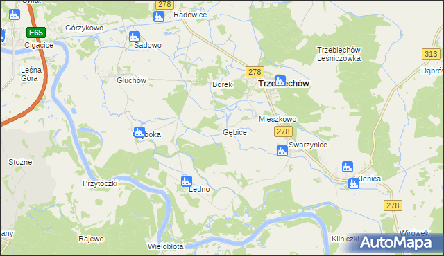 mapa Gębice gmina Trzebiechów, Gębice gmina Trzebiechów na mapie Targeo