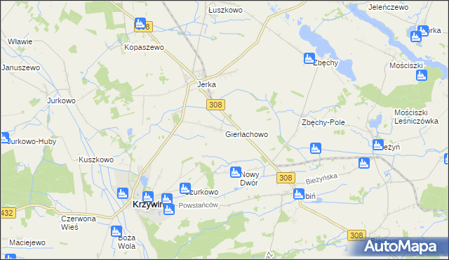 mapa Gierłachowo gmina Krzywiń, Gierłachowo gmina Krzywiń na mapie Targeo