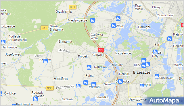 mapa Gilowice gmina Miedźna, Gilowice gmina Miedźna na mapie Targeo