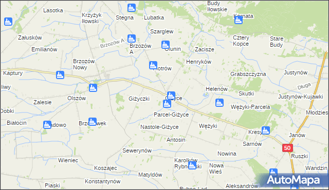 mapa Giżyce gmina Iłów, Giżyce gmina Iłów na mapie Targeo