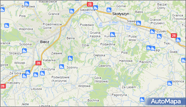 mapa Głęboka gmina Biecz, Głęboka gmina Biecz na mapie Targeo