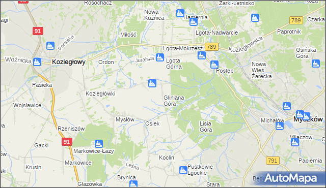 mapa Gliniana Góra gmina Koziegłowy, Gliniana Góra gmina Koziegłowy na mapie Targeo
