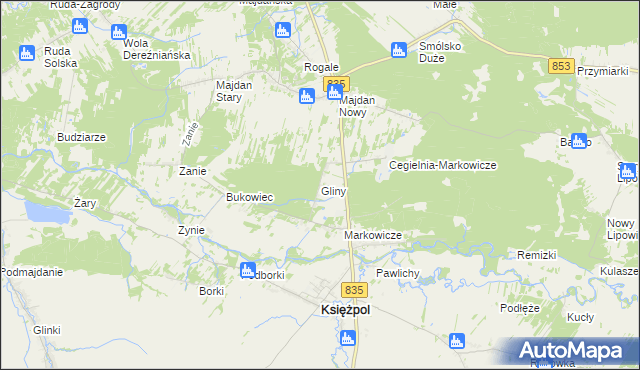 mapa Gliny gmina Księżpol, Gliny gmina Księżpol na mapie Targeo