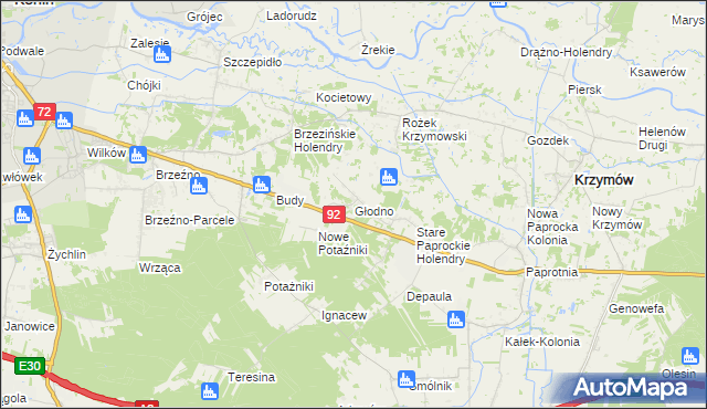 mapa Głodno gmina Krzymów, Głodno gmina Krzymów na mapie Targeo