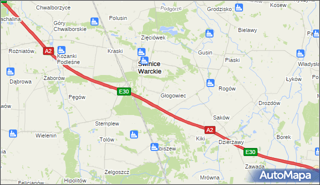 mapa Głogowiec gmina Świnice Warckie, Głogowiec gmina Świnice Warckie na mapie Targeo