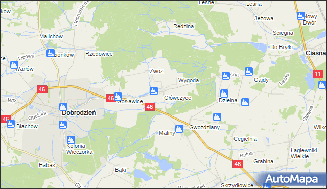 mapa Główczyce gmina Dobrodzień, Główczyce gmina Dobrodzień na mapie Targeo