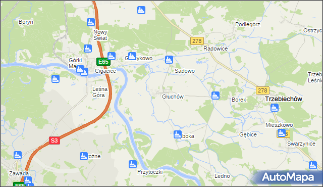 mapa Głuchów gmina Trzebiechów, Głuchów gmina Trzebiechów na mapie Targeo
