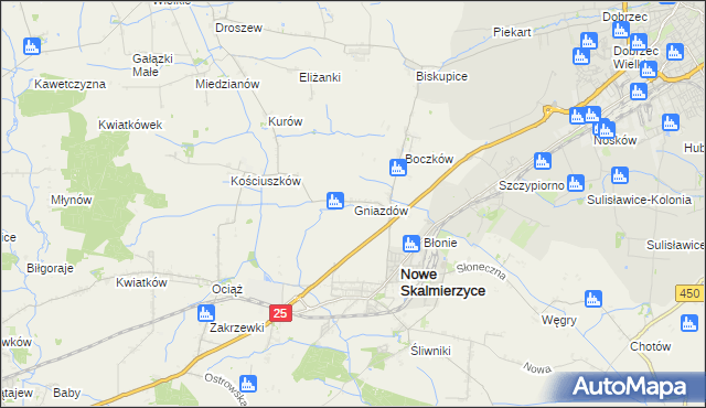 mapa Gniazdów gmina Nowe Skalmierzyce, Gniazdów gmina Nowe Skalmierzyce na mapie Targeo