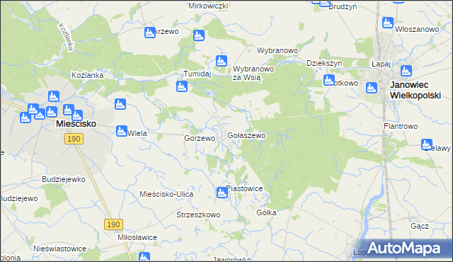 mapa Gołaszewo gmina Mieścisko, Gołaszewo gmina Mieścisko na mapie Targeo