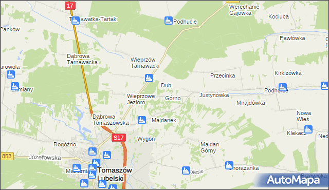 mapa Górno gmina Tomaszów Lubelski, Górno gmina Tomaszów Lubelski na mapie Targeo