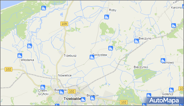 mapa Gorzysław gmina Trzebiatów, Gorzysław gmina Trzebiatów na mapie Targeo