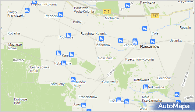 mapa Gościniec gmina Rzeczniów, Gościniec gmina Rzeczniów na mapie Targeo