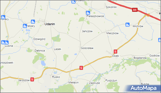 mapa Gościsław gmina Udanin, Gościsław gmina Udanin na mapie Targeo