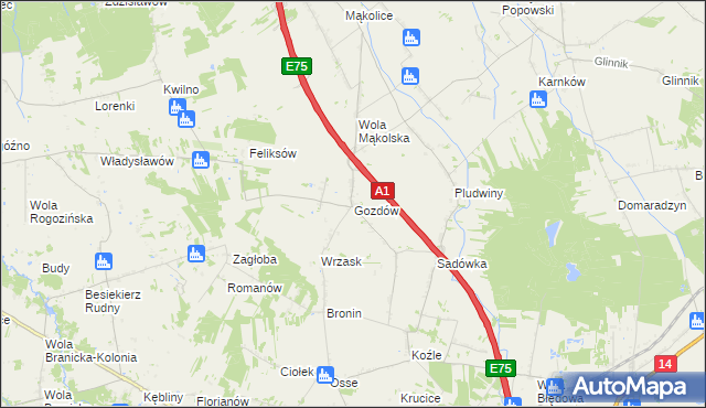 mapa Gozdów gmina Stryków, Gozdów gmina Stryków na mapie Targeo