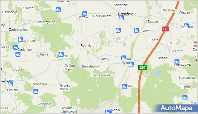 mapa Gozdy gmina Brzeźnio, Gozdy gmina Brzeźnio na mapie Targeo