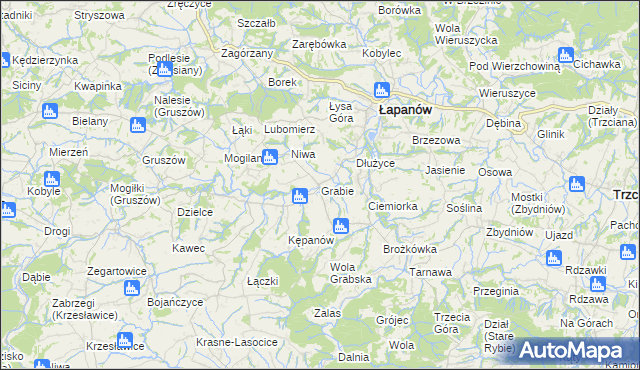 mapa Grabie gmina Łapanów, Grabie gmina Łapanów na mapie Targeo