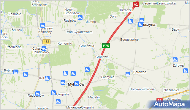 mapa Grabowa gmina Mykanów, Grabowa gmina Mykanów na mapie Targeo