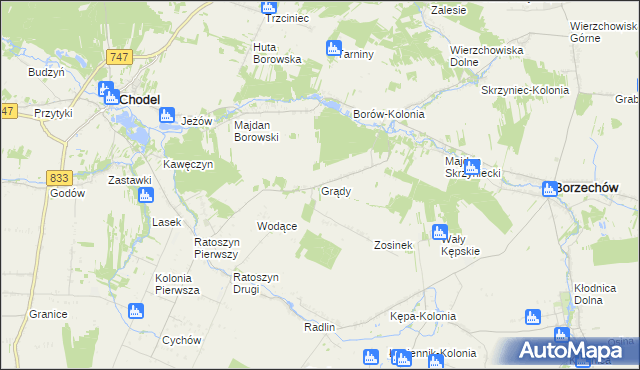 mapa Grądy gmina Chodel, Grądy gmina Chodel na mapie Targeo