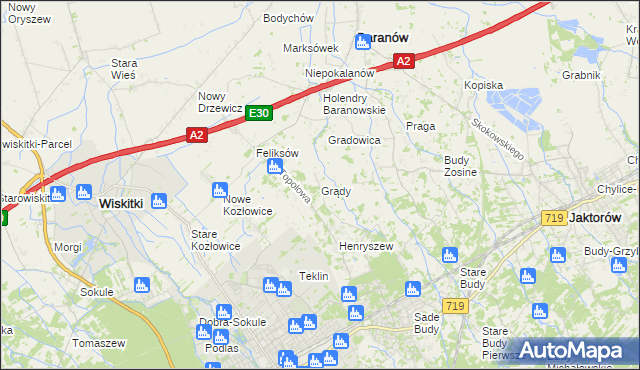 mapa Grądy gmina Jaktorów, Grądy gmina Jaktorów na mapie Targeo