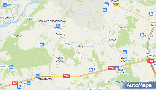 mapa Grądy gmina Nowogród, Grądy gmina Nowogród na mapie Targeo