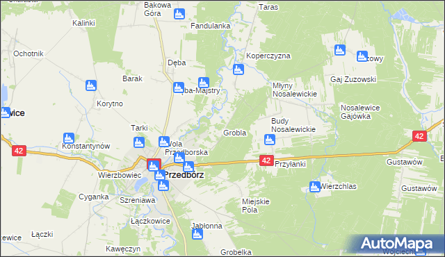 mapa Grobla gmina Przedbórz, Grobla gmina Przedbórz na mapie Targeo