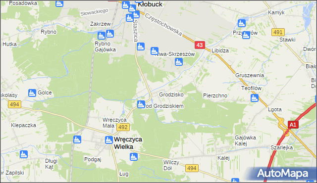 mapa Grodzisko gmina Wręczyca Wielka, Grodzisko gmina Wręczyca Wielka na mapie Targeo