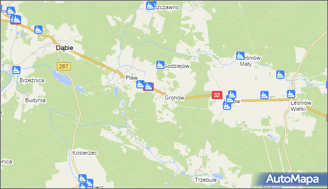 mapa Gronów gmina Dąbie, Gronów gmina Dąbie na mapie Targeo