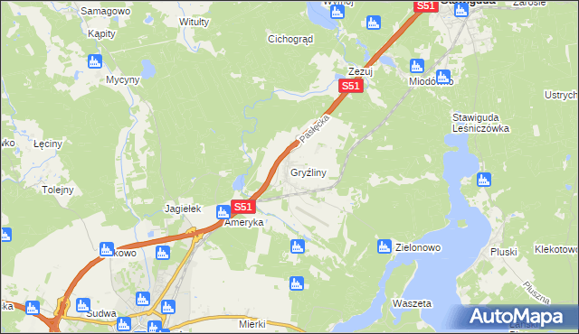 mapa Gryźliny gmina Stawiguda, Gryźliny gmina Stawiguda na mapie Targeo