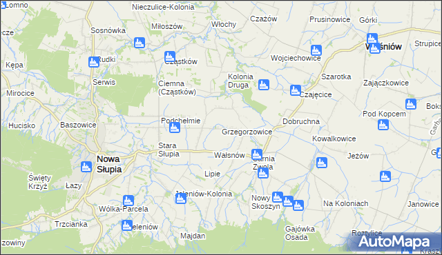 mapa Grzegorzowice gmina Waśniów, Grzegorzowice gmina Waśniów na mapie Targeo