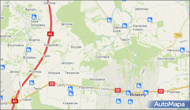 mapa Grzmiąca gmina Brzeziny, Grzmiąca gmina Brzeziny na mapie Targeo