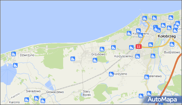 mapa Grzybowo gmina Kołobrzeg, Grzybowo gmina Kołobrzeg na mapie Targeo