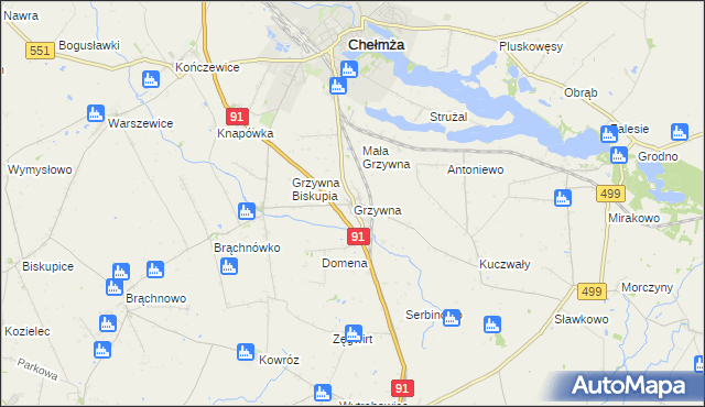 mapa Grzywna gmina Chełmża, Grzywna gmina Chełmża na mapie Targeo