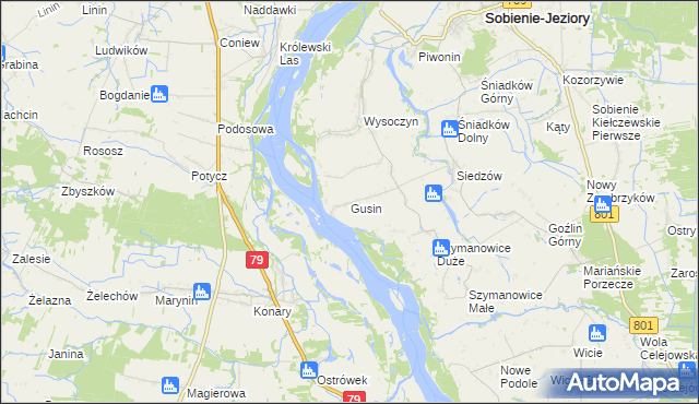 mapa Gusin gmina Sobienie-Jeziory, Gusin gmina Sobienie-Jeziory na mapie Targeo
