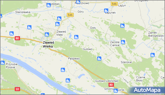 mapa Gutowo gmina Zławieś Wielka, Gutowo gmina Zławieś Wielka na mapie Targeo