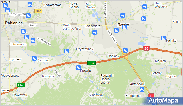 mapa Guzew gmina Rzgów, Guzew gmina Rzgów na mapie Targeo