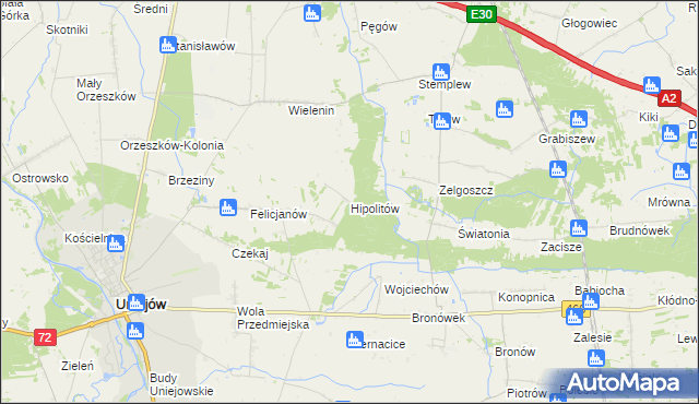 mapa Hipolitów gmina Uniejów, Hipolitów gmina Uniejów na mapie Targeo