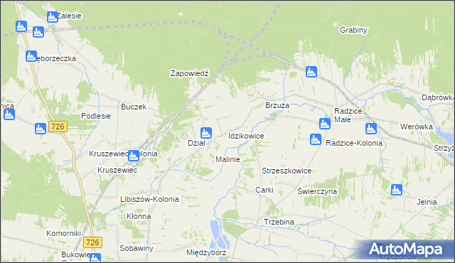 mapa Idzikowice gmina Drzewica, Idzikowice gmina Drzewica na mapie Targeo