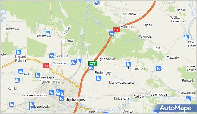 mapa Ignacówka gmina Jędrzejów, Ignacówka gmina Jędrzejów na mapie Targeo