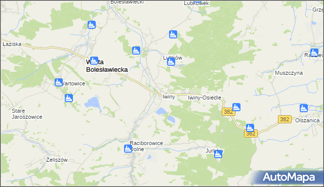 mapa Iwiny gmina Warta Bolesławiecka, Iwiny gmina Warta Bolesławiecka na mapie Targeo