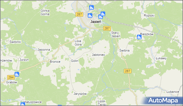mapa Jabłoniec gmina Jasień, Jabłoniec gmina Jasień na mapie Targeo