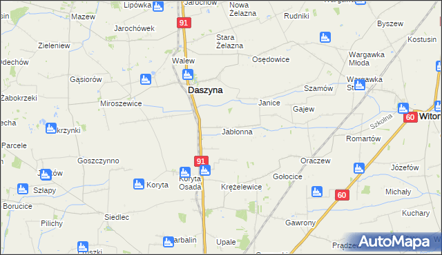 mapa Jabłonna gmina Daszyna, Jabłonna gmina Daszyna na mapie Targeo