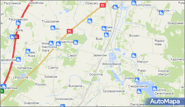 mapa Jadwinów gmina Gorzkowice, Jadwinów gmina Gorzkowice na mapie Targeo