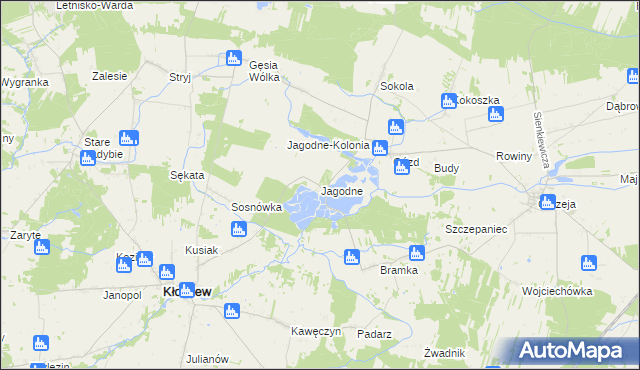 mapa Jagodne gmina Kłoczew, Jagodne gmina Kłoczew na mapie Targeo