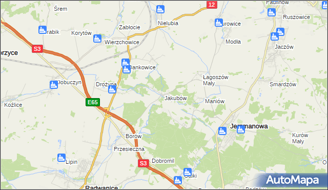 mapa Jakubów gmina Radwanice, Jakubów gmina Radwanice na mapie Targeo